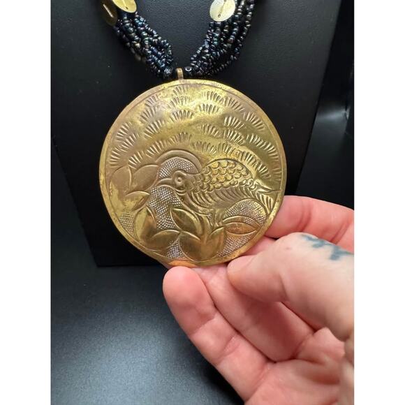 Vintage Handcrafted Brass Etched Bird Pendant with Beaded Collar Necklace - Picture 3 of 10